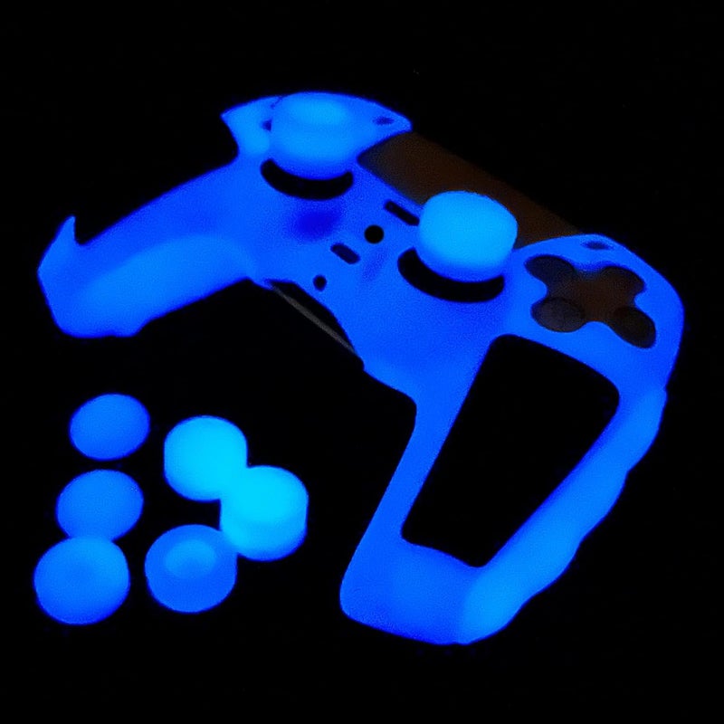 HLRAO Glow in The Dark PS5 Controller Skin,Blue Anti Slip Soft Thicked Studded Silicone Cover Skins Compatible with PS5 Controller,Include 8 PCS Blue Thumb Grips Glow and 2 Cat Paw Grips Accessories. - Image 4